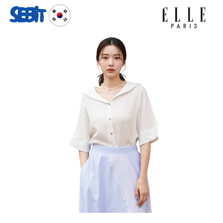 [ELLE] เสื้อเบลาส์คอปกทหารเรือ แขนสั้น สไตล์เกาหลี ของแท้ พร้อมส่ง (สีขาว/สีดำ)