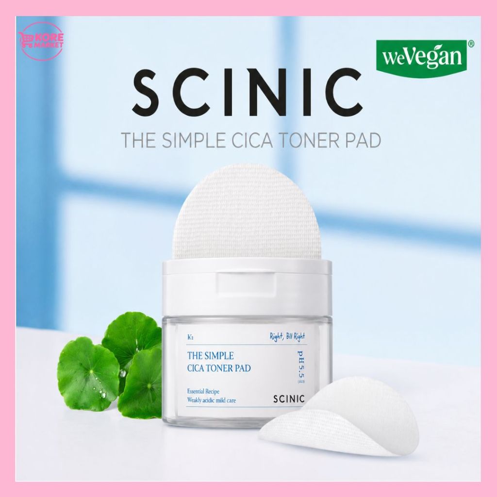 [SCINIC] The Simple Cica Toner Pad 60 แผ่น – แผ่นหน้าวีแกนอ่อน
