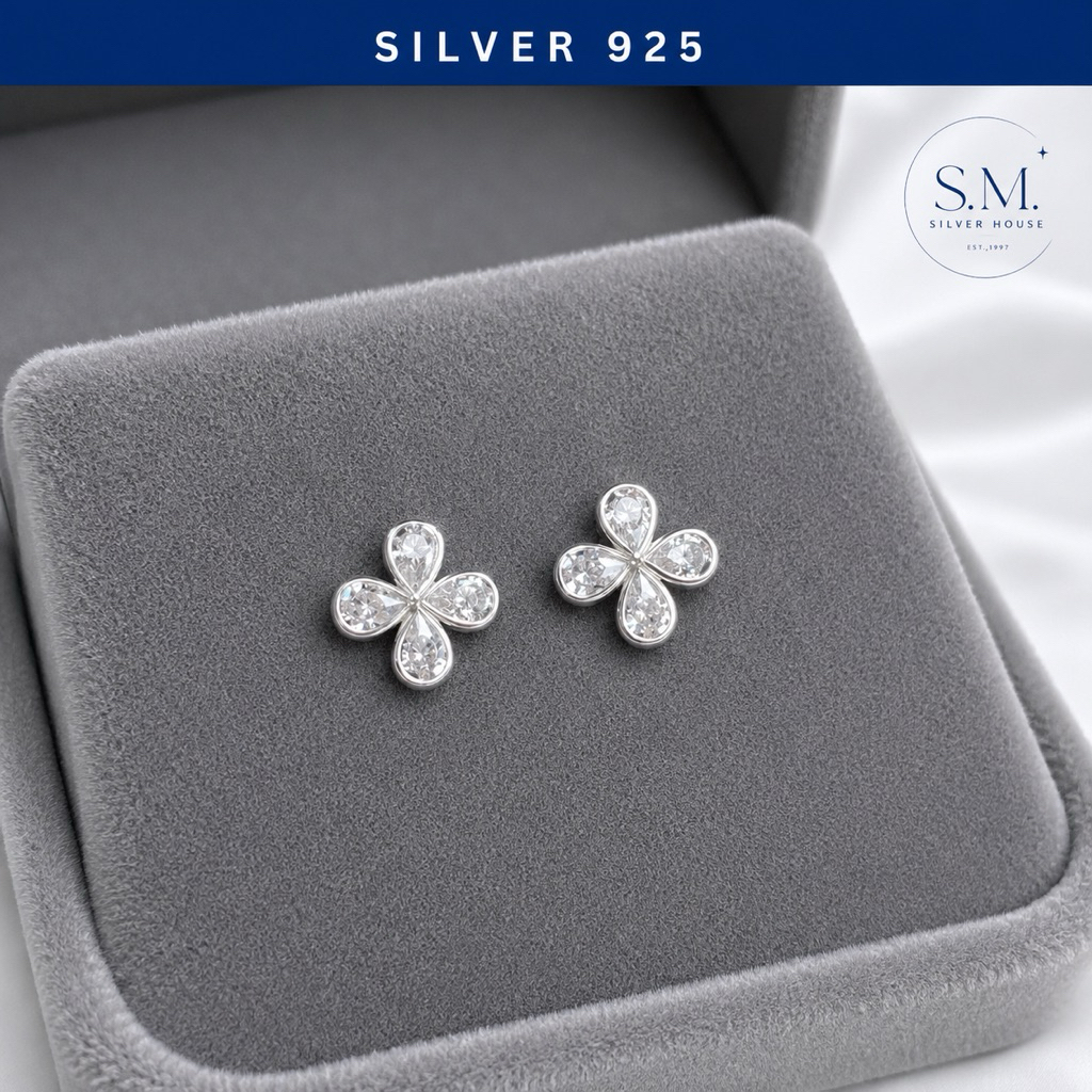 ต่างหูเงินแท้ (ราคาต่อคู่) silver925 เหมาะสำหรับคนแพ้ง่าย ใส่อาบน้ำได้ ดอกไม้ เพชรcz สีขาว สวยหวาน
