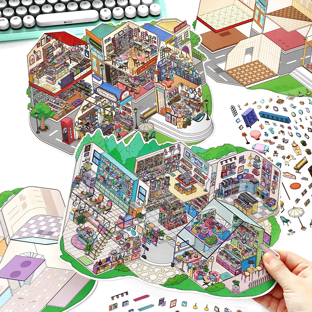[KW] Playful Town Adventures Landscape Sticker 3D Scene Sticker for Journaling, สมุดภาพ, บรรเทาความเ