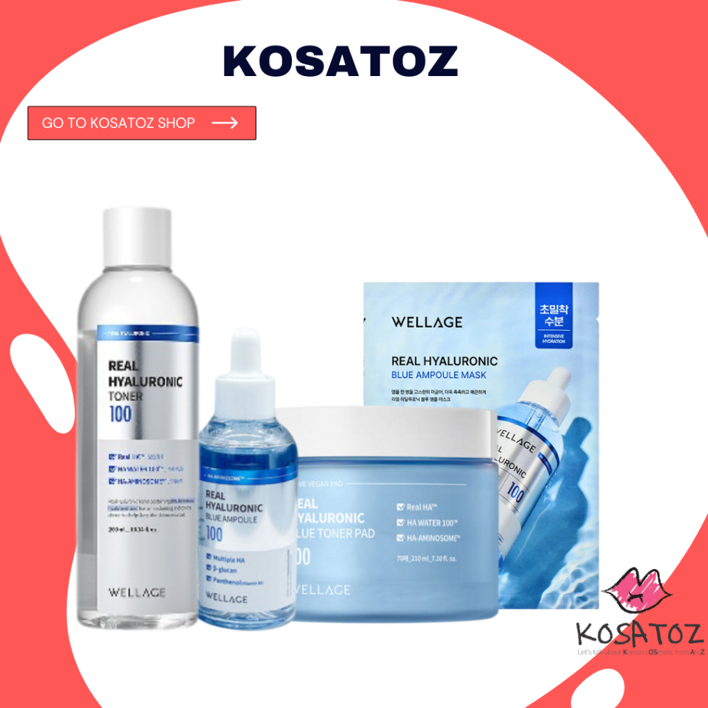 Wellage Real Hyaluronic Blue 100 Ampoule 60ml - หลาย HA, β-กลูแคน, วิตามิน B5/Toner 200ml / Ampoule 
