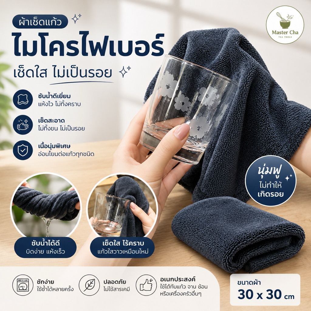 พร้อมส่ง ผ้าเช็ดแก้วไมโครไฟเบอร์ 30x30 ซม. ผ้าเช็ดแก้วไม่เป็นขุย ซับน้ำดี เช็ดใสไร้คราบ แก้วกาแฟ แก้วมัทฉะ ไม่ทิ้งคราบ