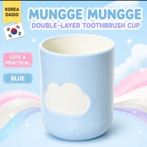 เกาหลี Daiso Mungge Mungge Character ถ้วยแปรงสีฟันสองชั้น | ถ้วยล้างห้องน้ําสีฟ้า