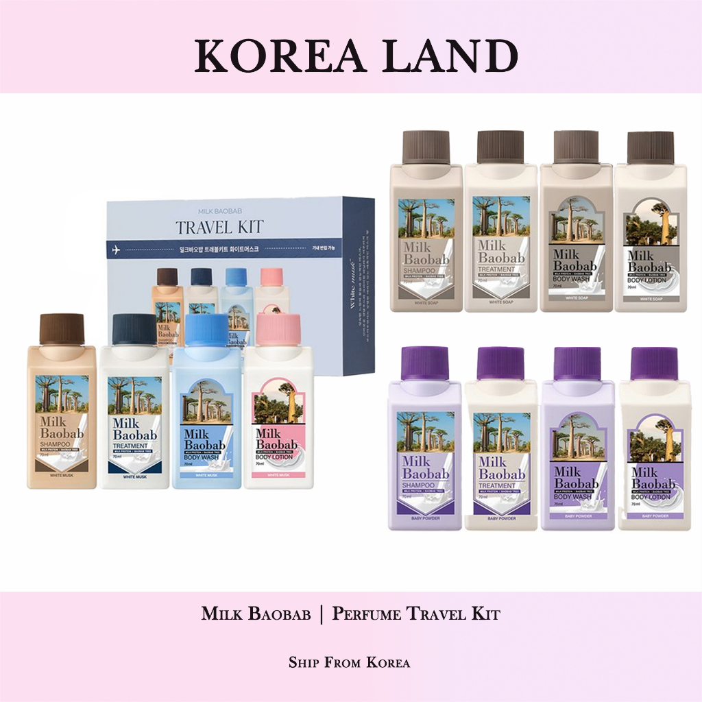 Milk Baobab | Perfume Travel Kit - White Musk/แป้งเด็ก/สบู่ขาว (70ml แชมพู, ทรีทเม้นต์ 70ml, ครีมอาบน้ํา 70ml, โลชั่นบํารุงผิว 70ml)