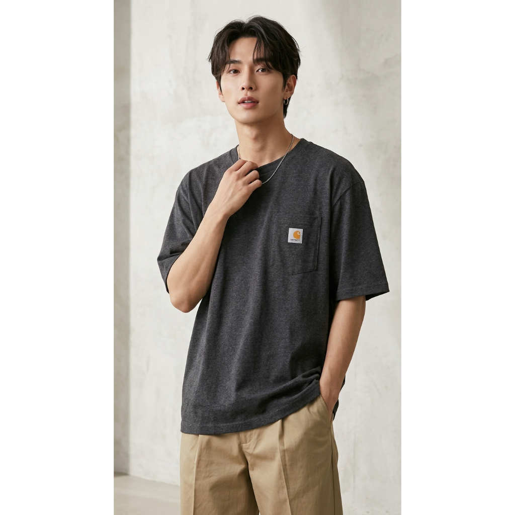 CARHARTT [Carhart] เสื้อยืดแขนสั้นโลโก้ลายเซ็น K87, เสื้อยืดลําลองผ้าฝ้ายหนัก, NAVY