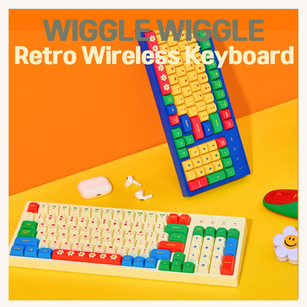 [Wiggle Wiggle] คีย์บอร์ดไร้สาย 96 คีย์ | บลูทูธ 5.0 + USB 2.4GHz | หลายอุปกรณ์ | ชาร์จใหม่ได้| คีย์บอร์ดไร้สายสีสันสดใส | การออกแบบย้อนยุค | คีย์บอร์ดบลูทูธ 96 คีย์