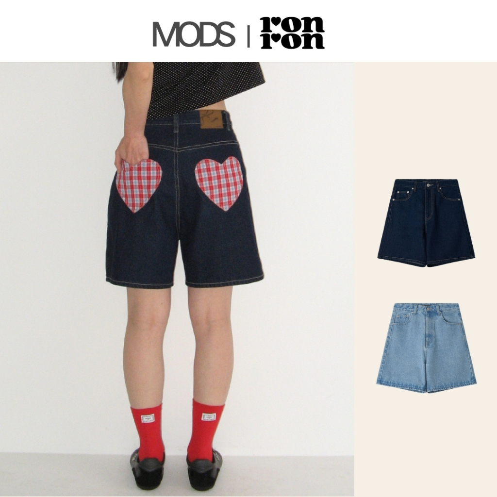 [RONRON] Check Heart Pocket Denim Shorts Pants / 2colors