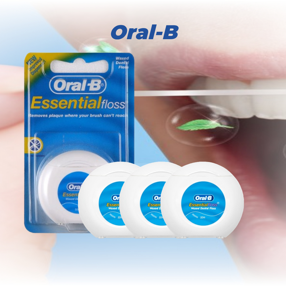 Oral-B Essential Waxed Dental Floss 50m | ชุดกําจัดคราบจุลินทรีย์และดูแลทุกวันอ่อนโยน