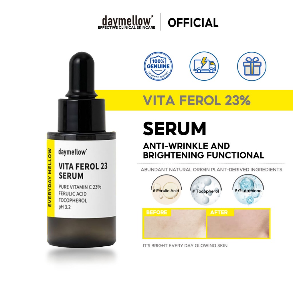 [daymellow] Vita Ferol 23 Serum 0.67fl.oz/20ml, เซรั่มวิตามินซีหน้า วิตามินซี 23%, Centella, Glutathione, Brightening, สําหรับผิวแพ้ง่าย, สิว, จุดด่างดํา