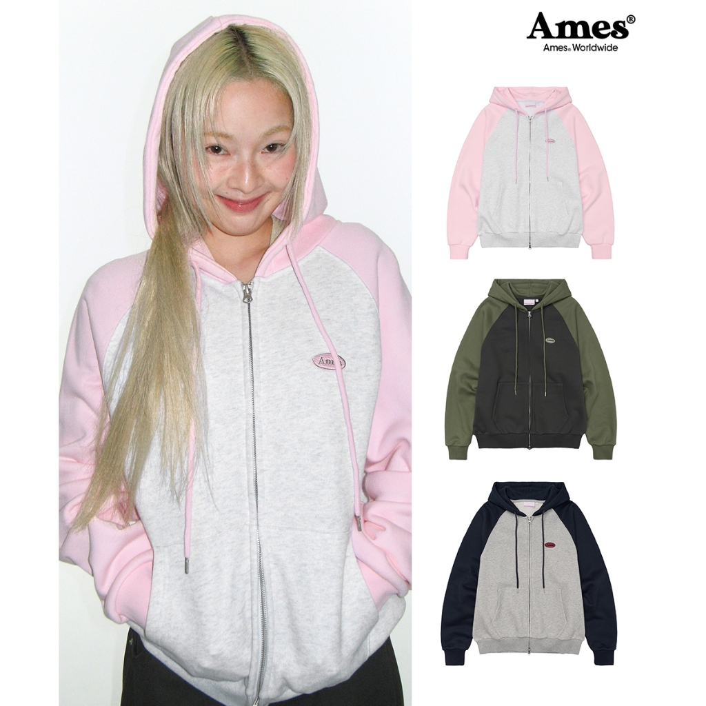 [AMES] CIRCLE LOGO RAGLAN HOODIE ZIP-UP_สไตล์เกาหลี