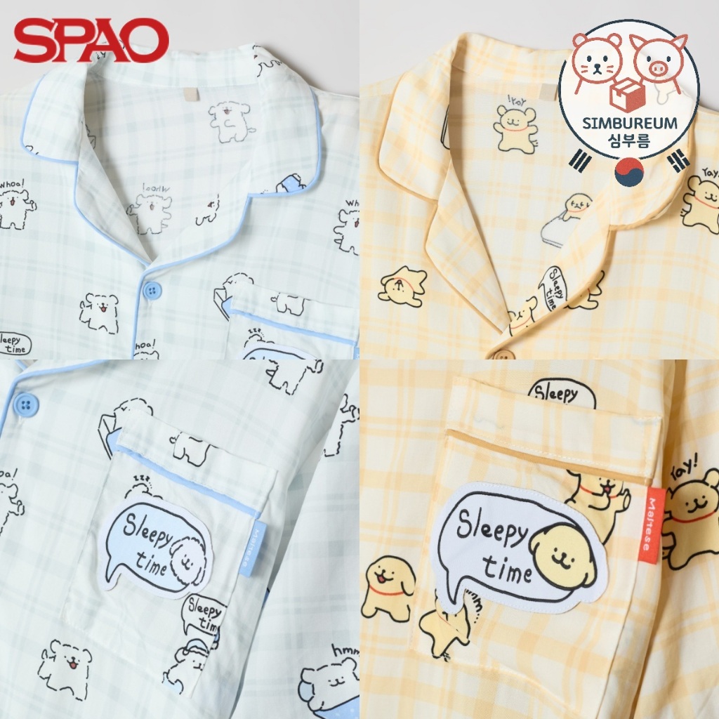 [SPAO] Korea Unisex Maltese Retriever It's Time to Sleep Summer Short Sleeves Pajama Set ; ชุดนอนแขนสั้นสำหรับฤดูร้อน ลายสุนัขพันธุ์มอลทีส รีทรีฟเวอร์ (ชายหญิง) จากเกาหลี