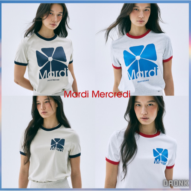 เสื้อยืด Mardi Mercredi พิมพ์ลายดอกไม้และตาราง สีสี่แบบ ขนาดอก 36-37 นิ้ว ของแท้ 100%