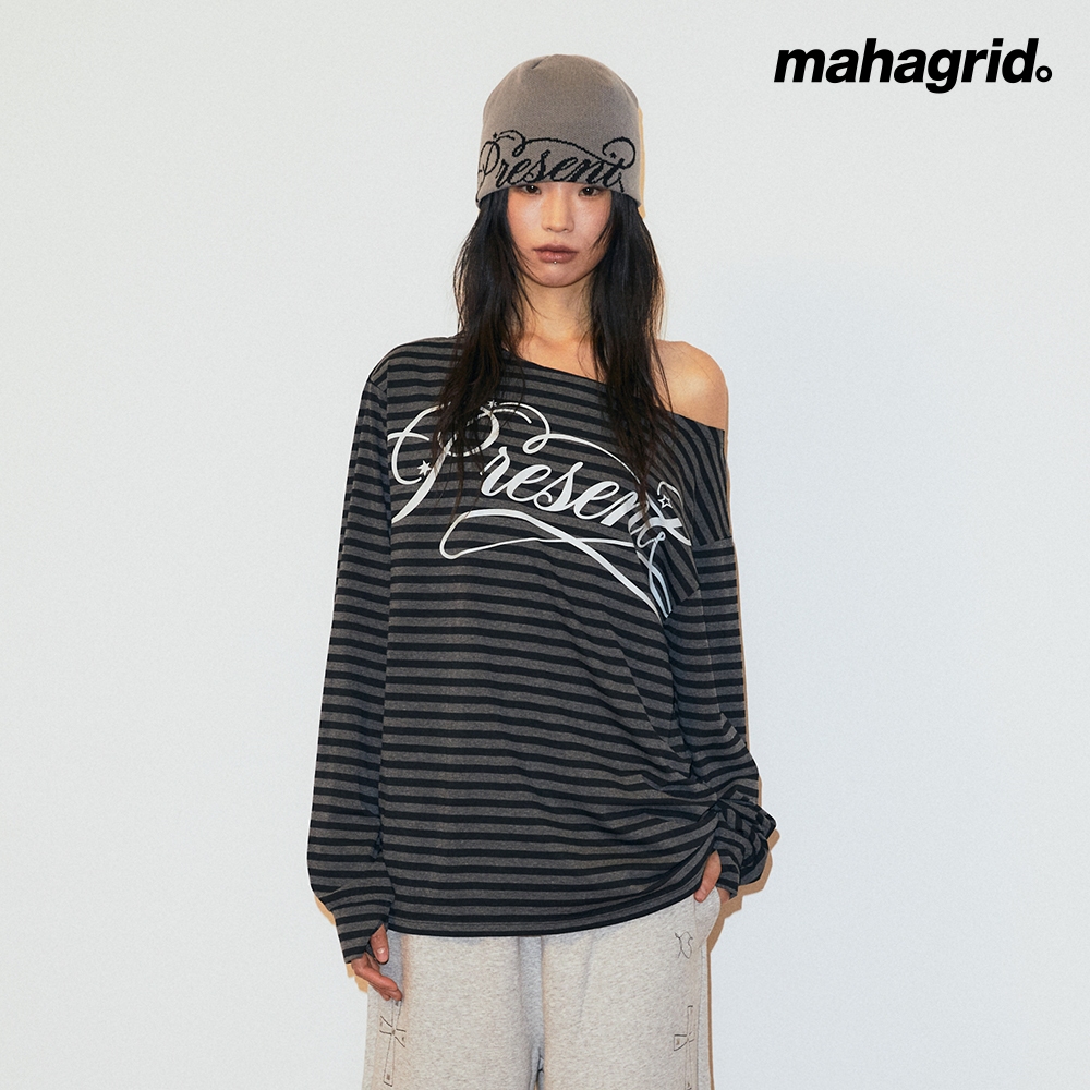 [MAHAGRID WOMAN] STRIPE PRESENT ONE SHOULDER LS TEE_สไตล์เกาหลี