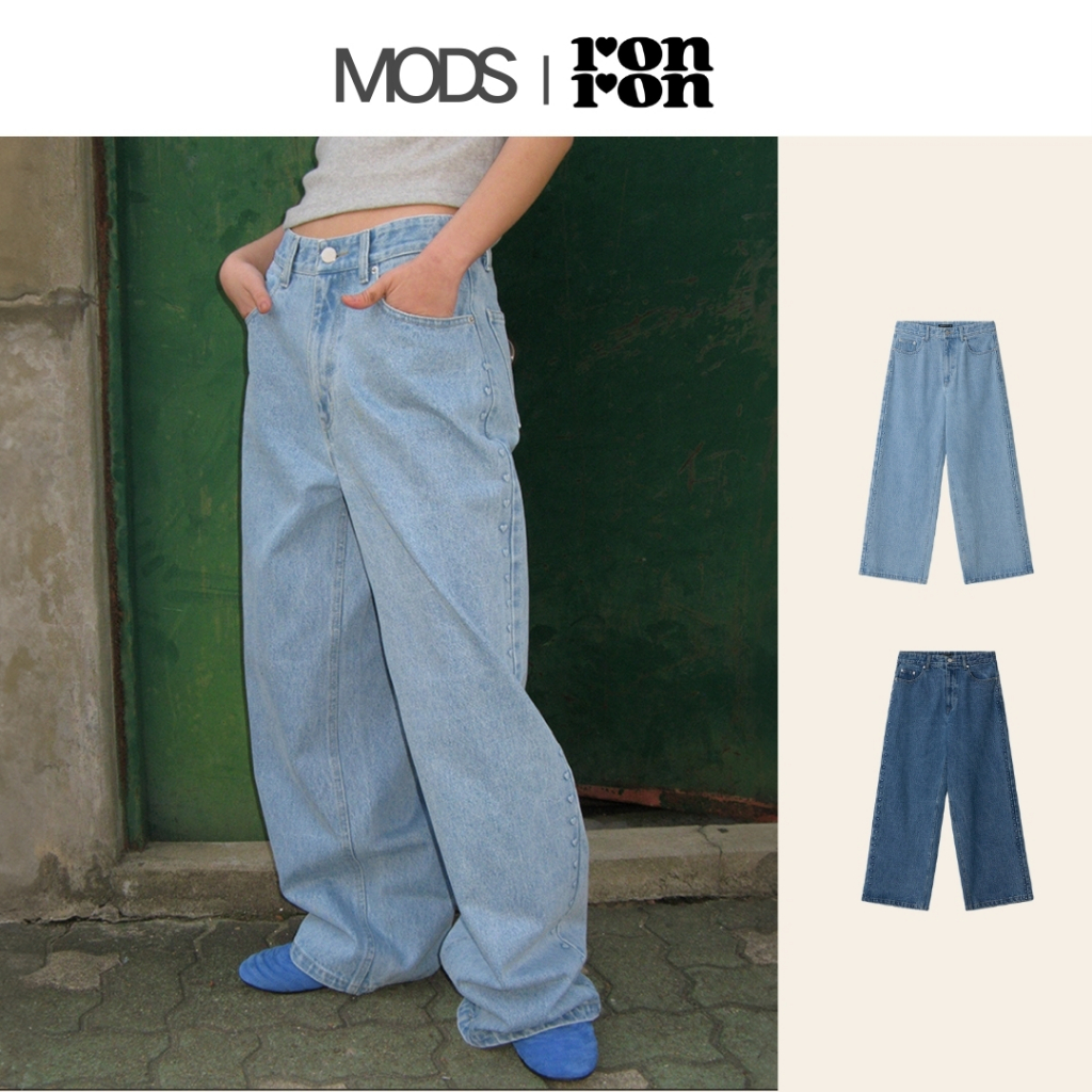 [RONRON] Side Heart Embo Wide Denim Pants / 2colors