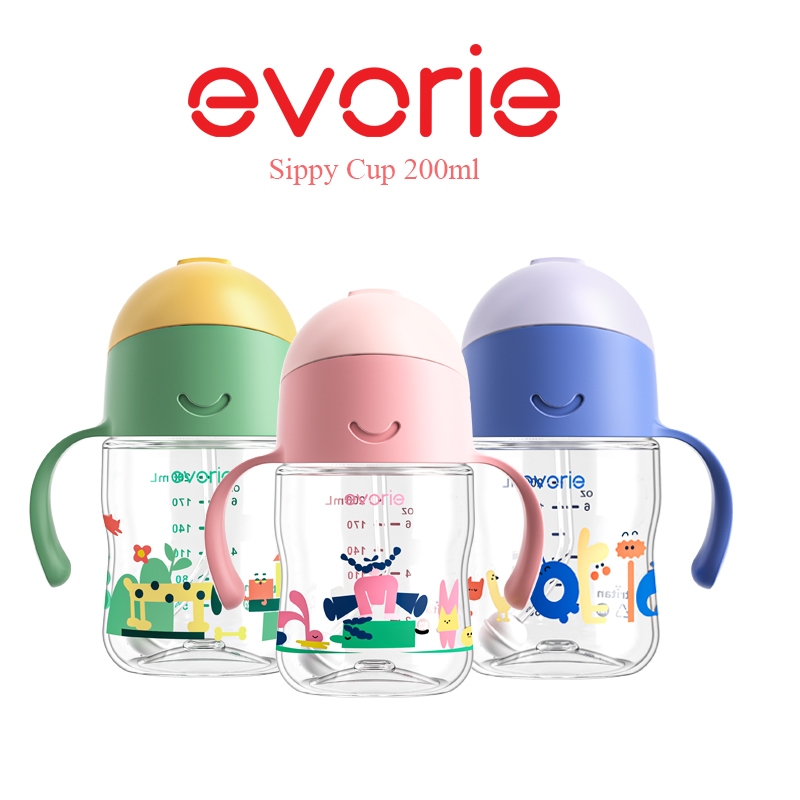 Evorie Tritan Weighted Straw Sippy Cup สําหรับทารกและเด็กเล็ก 6 เดือน + 200mL สีชมพู สีฟ้า และสีเขีย