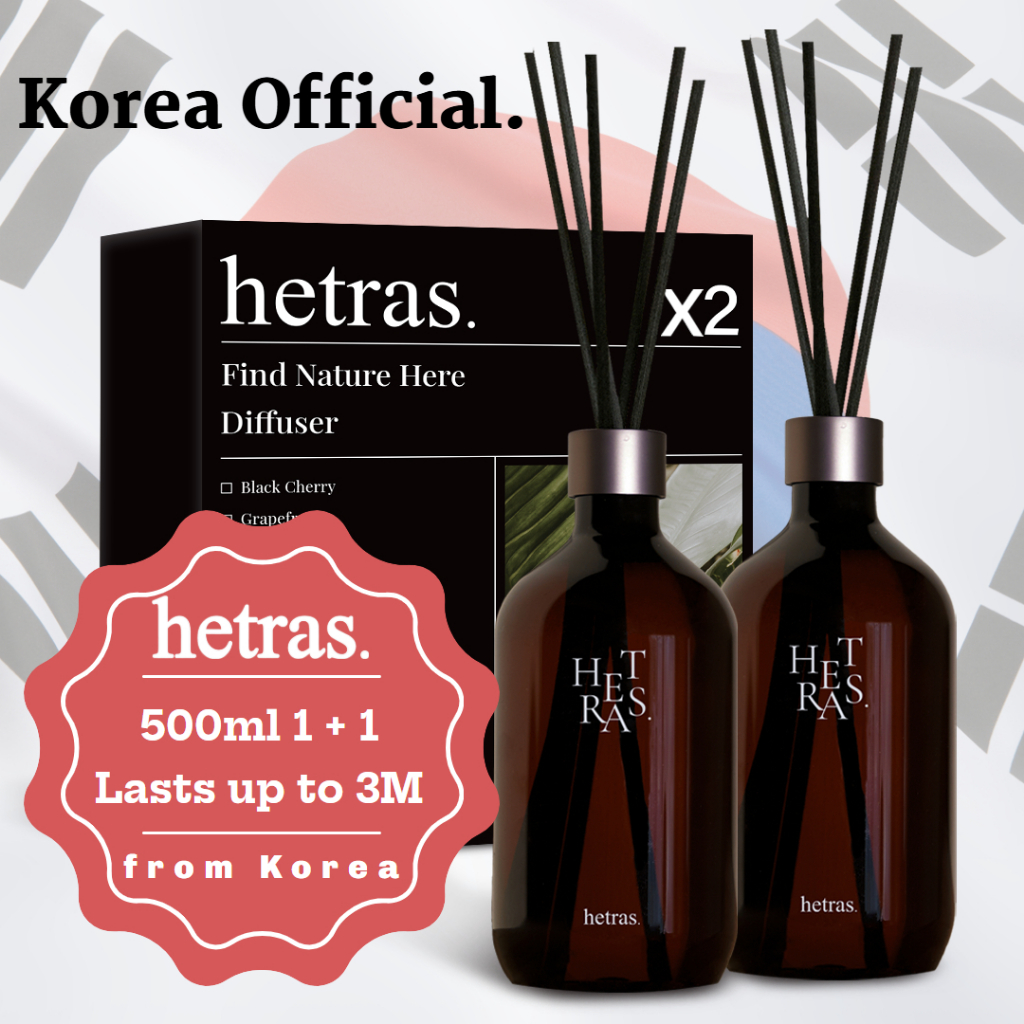 "Korea Offiicial" hetras Premium Reed Diffuser Set 500ml 1 + 1 | กลิ่นหอมหรูหราติดทนนานพร้อมไม้กก 10 แท่ง สําหรับโฮมออฟฟิศ