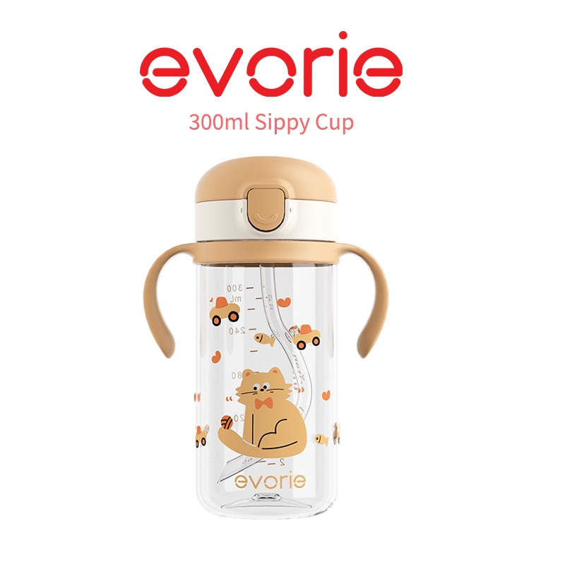 Evorie Tritan Sippy Straw Cup ขวดน้ําสําหรับเด็กวัยหัดเดินสําหรับเด็ก 1-4 ปี 300mL, Kitty Meow ไม่เข