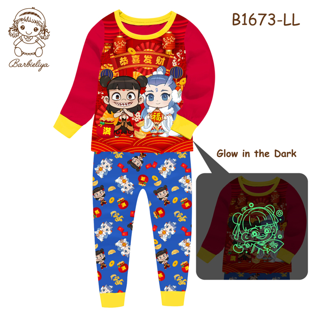 Barbieliya Glow in the Dark ชุดนอนเด็ก ดีไซน์ CNY 2026 Nezha ชุดแขนยาว (8-12y)