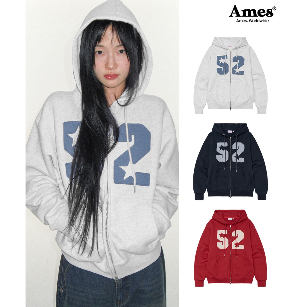 [AMES] 52 APPLIQUE HOODIE ZIP UP_สไตล์เกาหลี