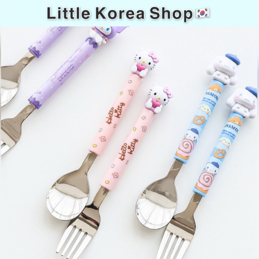 [Sanrio] (Made in Korea) ชุดช้อนและส้อมรูป, ชุดอาหารสําหรับเด็ก, สแตนเลส 304 คุณภาพสูง, ปิกนิกของทารก, ช้อนอนุบาล, ชุดอาหารรูป