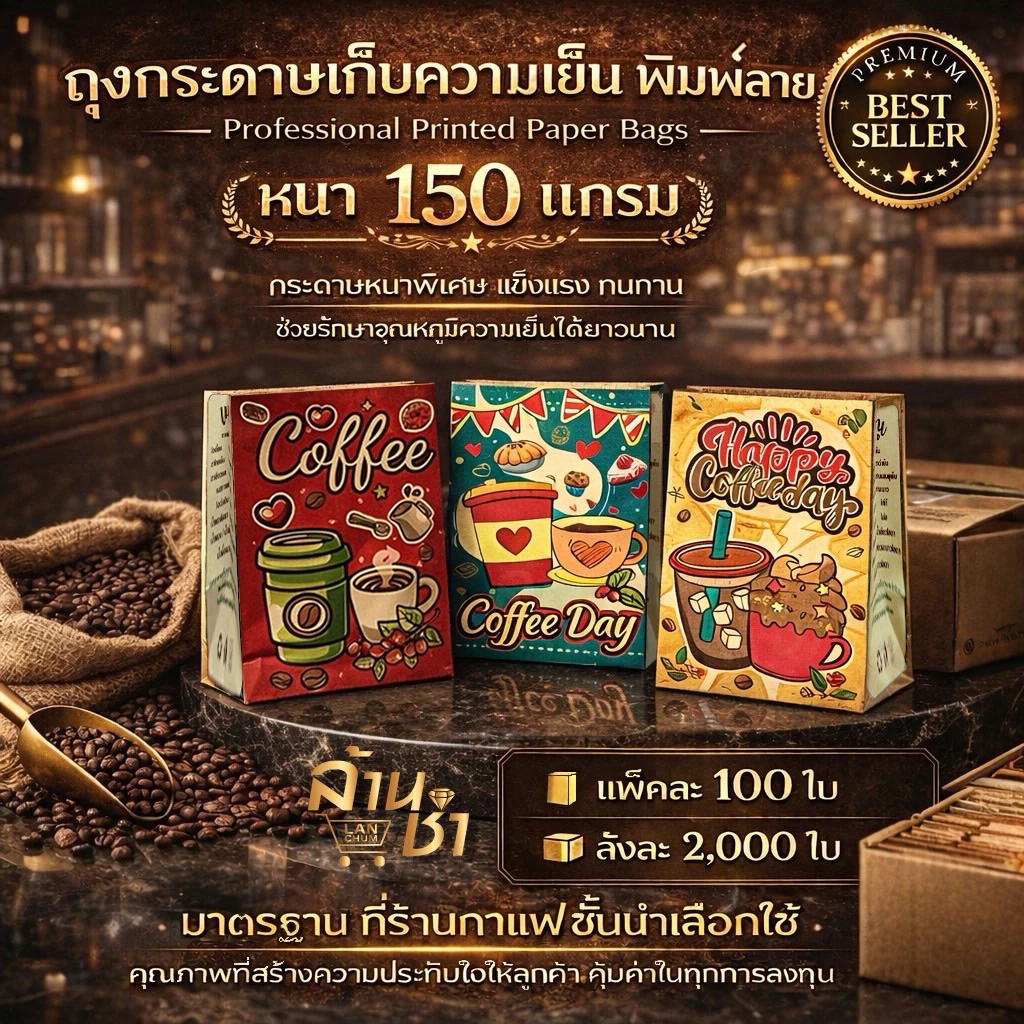ถุงกาแฟกระดาษแบบลาย 150 แกรม 100ใบ/แพค คละ 4 ลายใน 1 แพ็ค