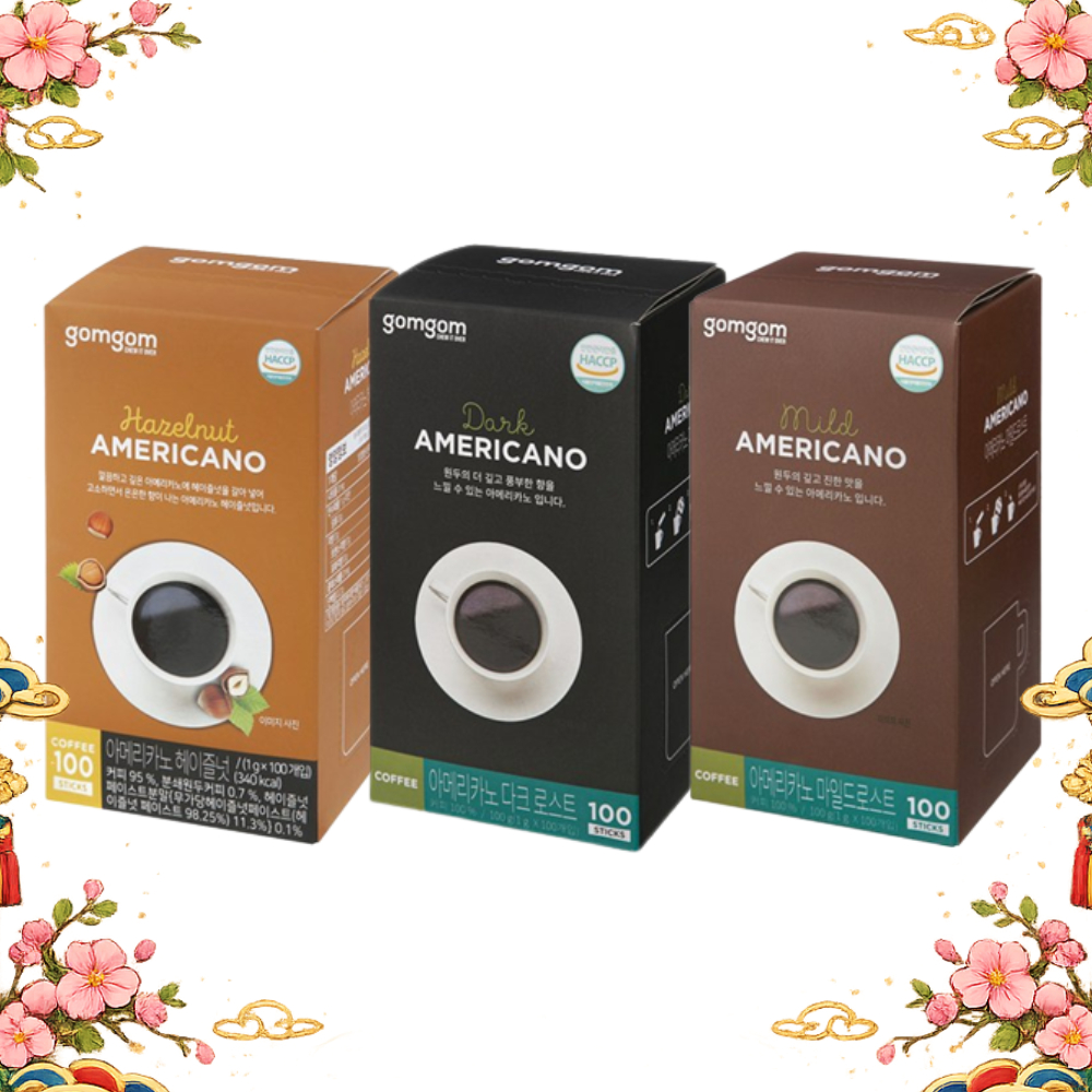 [gomgom] Korean Americano Stick Coffee 1g x 100 Mild Dark Hazelnut 3 Flavours