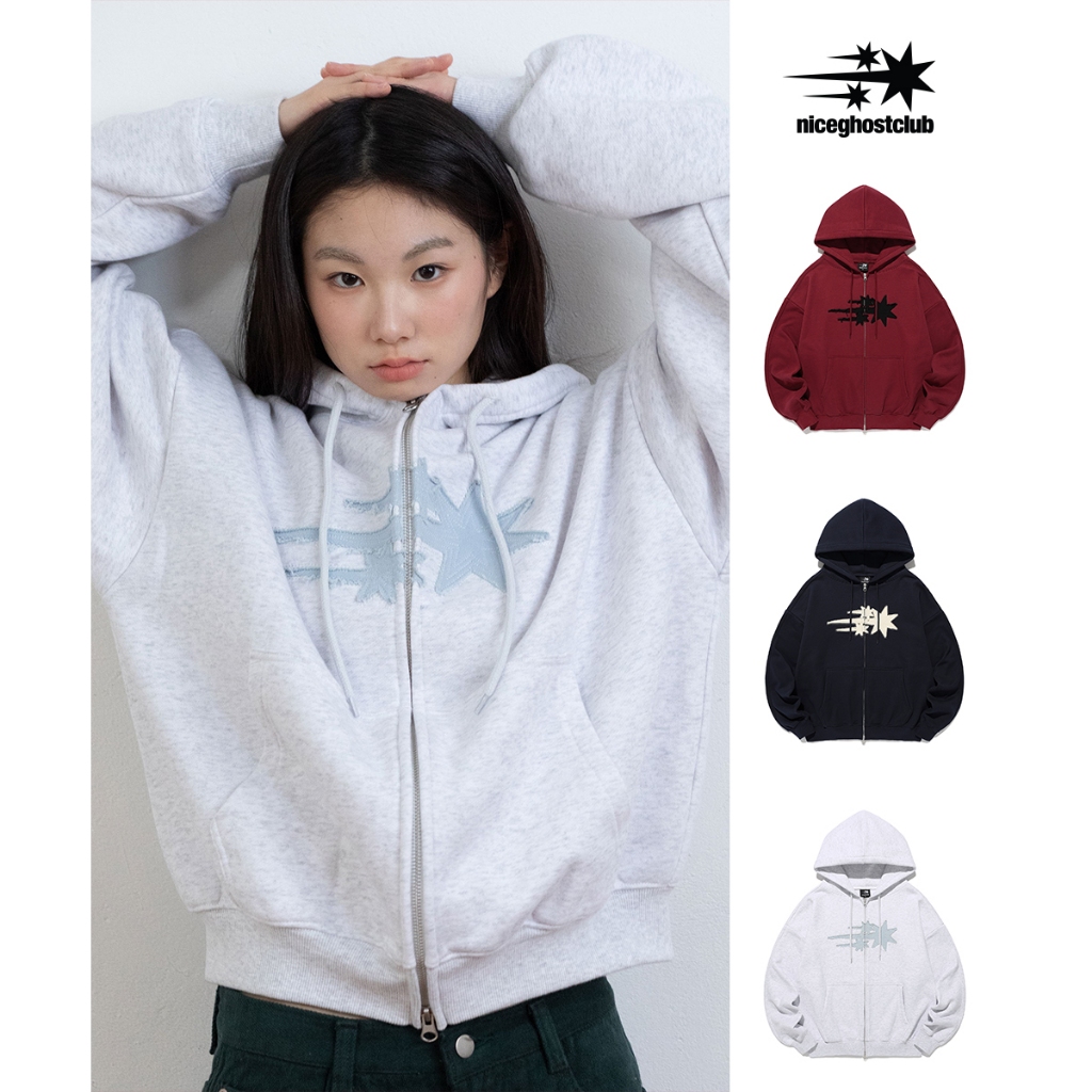 [NICEGHOSTCLUB] 3STAR APPLIQUE HOODIE ZIP UP_สไตล์เกาหลี