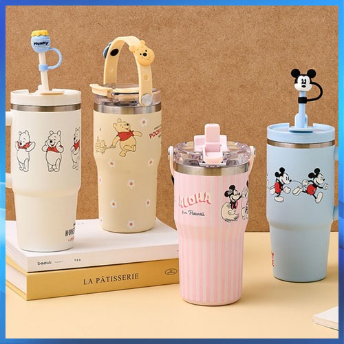 Disney Pooh Mickey Tumbler 600ml พร้อมหลอดและฝาปิดฟางของขวัญสแตนเลส 304 ซิลิโคนดื่มแก้วขวด