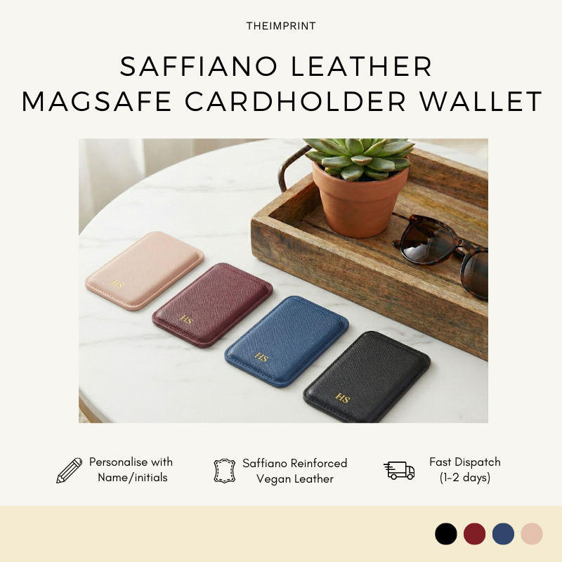 TENIMPRINT Personalised Saffiano Leather MagSafe Cardholder Wallet Personalise พร้อมชื่อ