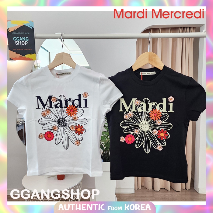 Authentic ของแท้จากเกาหลี | MARDI MECREDI WOMEN CROPPED เสื้อยืด FLOWER BLOSSOM_WHITE NAVY BLACK CREAM