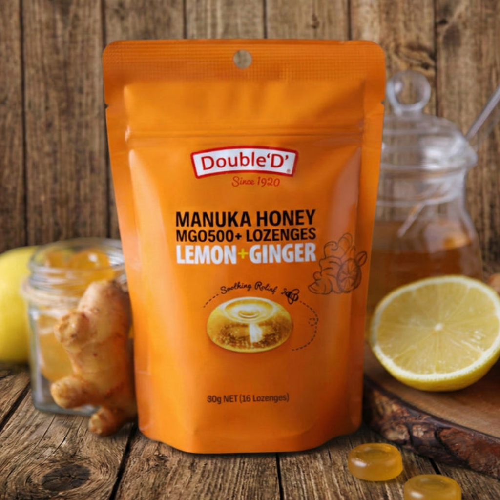 Double D MGO500+ ลูกอมน้ําผึ้งมานูก้า 80g – พร้อมโพลิส 5%, เลมอน & ขิง, บรรเทาคอ, ลูกอมสดชื่น