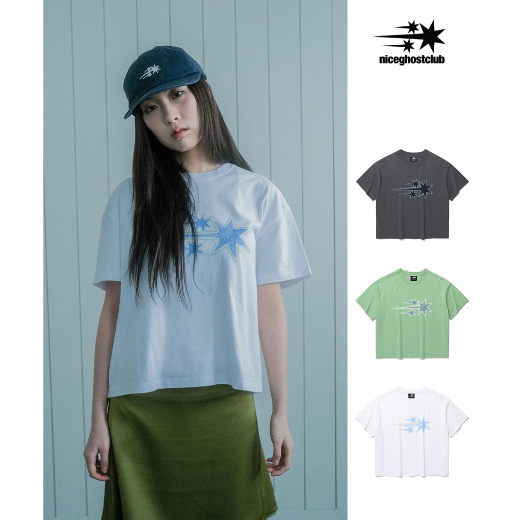 [niceghostclub] DRAWING 3STAR BIG CROP TEE_สไตล์เกาหลี