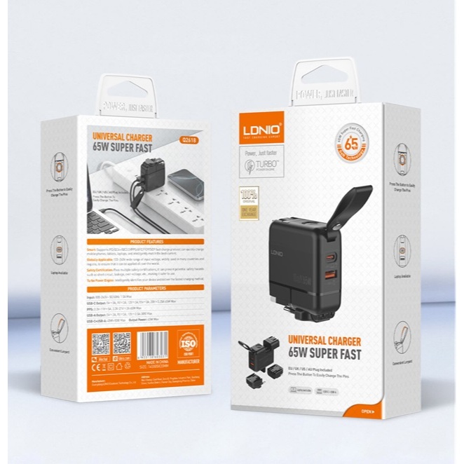 LDNIO Q2618 GaN 65W Travel Fast Charger แบบพกพาหลายพอร์ต USB อะแดปเตอร์ QC3.0