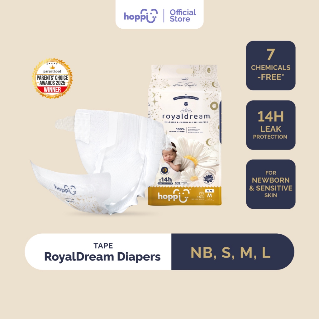 Hoppi RoyalDream เทปผ้าอ้อมเด็ก NB66/S56/M44/L40 (1 แพ็ค) 100% 7 สารเคมี-ฟรี*
