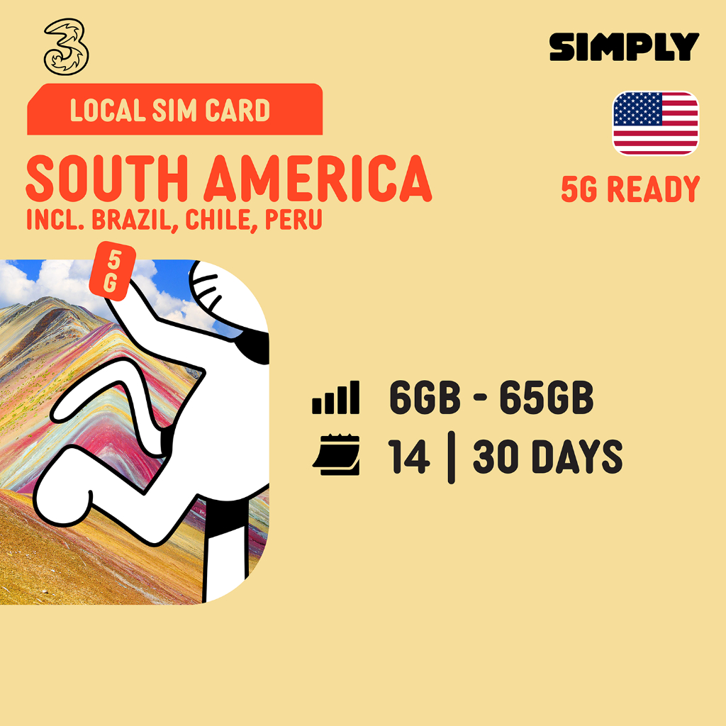 SIMPLY อเมริกาใต้| | 30 วัน| ข้อมูลรวม: 10GB/12GB/18GB/30GB/65GB | ซิมการ์ดท้องถิ่น | No Registratio