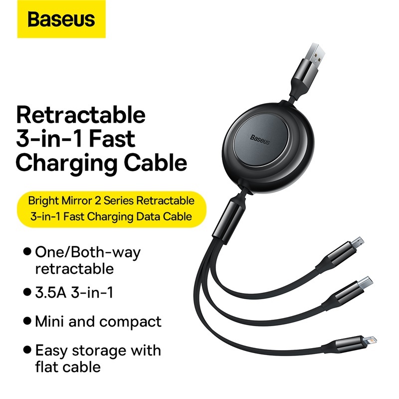 Baseus Bright Mirror 2 Series สายเคเบิลข้อมูลชาร์จเร็ว 3-in-1 แบบพับเก็บได้ USB to M+L+C 3.5A 1.1m