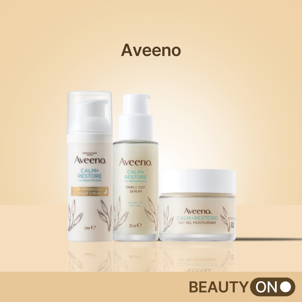 [Aveeno] Face Calm + Restore Oat Gel Moisturiser 50ml, Triple Oat Serum 30ml, Rehydrating Night Cream 50ml | For Sensitive Skin, Prebiotic Oat