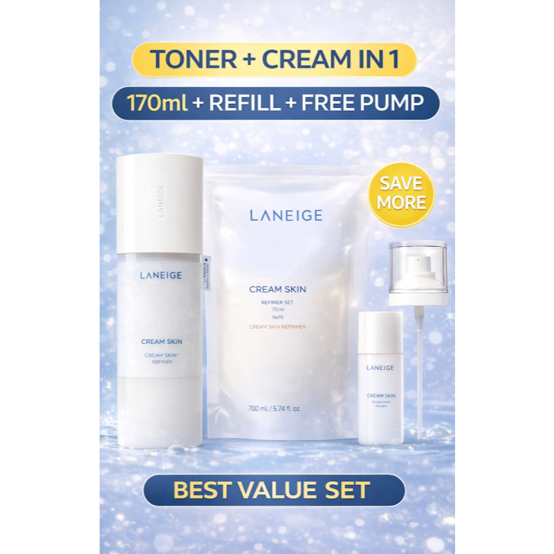 Laneige Cream Skin Refiner 170ml + รีฟิล 170ml + 50ml + ปั๊ม | เกาหลี ไฮเดรติ้ง โทนเนอร์ มอยส์เจอร์ไรเซอร์ กระจก ผิว 保湿 水 甲 k-beauty