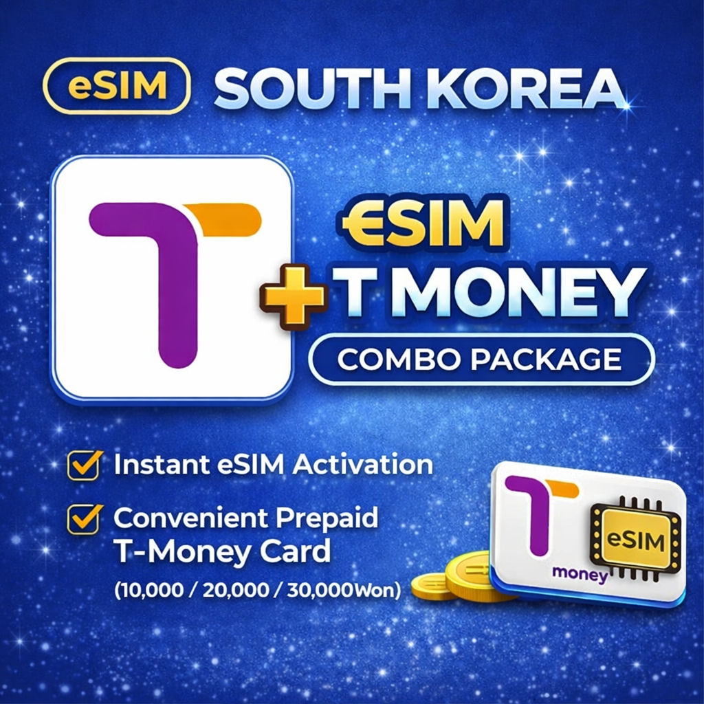 [Travko] eSIM สำหรับเกาหลีใต้ + บัตรโดยสาร T-Money แบบเติมเงิน (Prepaid)