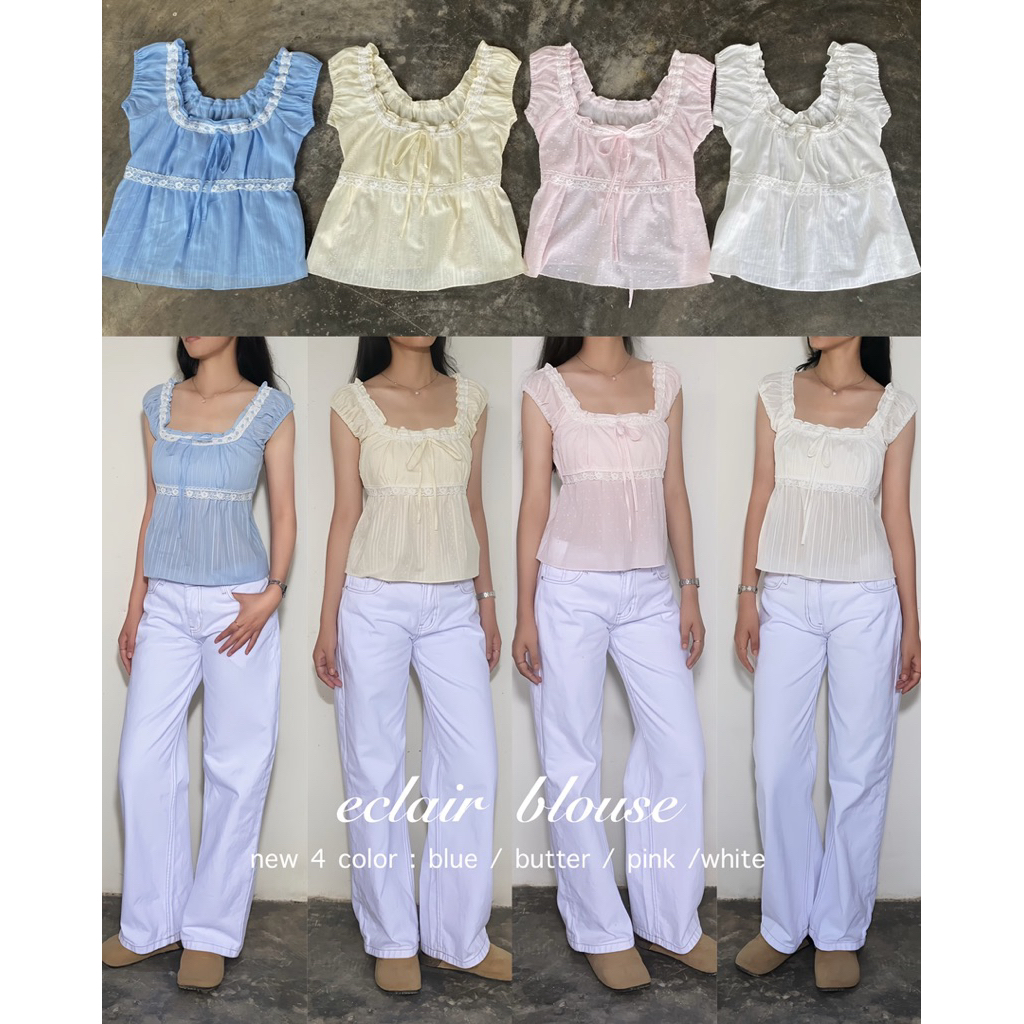 (pre)Eclair blouse เสื้อแต่งลูกไม้สอดโบว์ (ล๊อตใหม่)