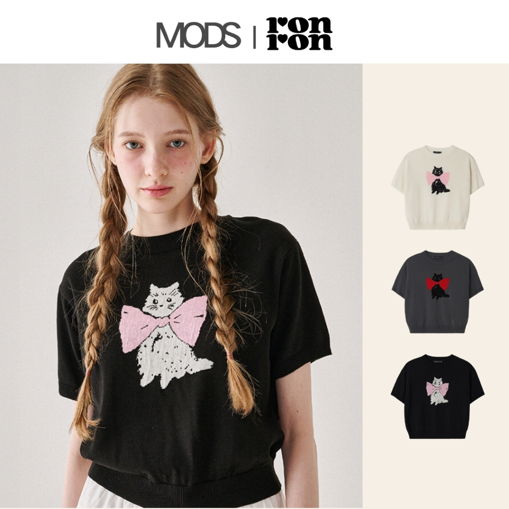 [RONRON] RIBBON CATS SHORT SLEEVE KNIT / 3colors
