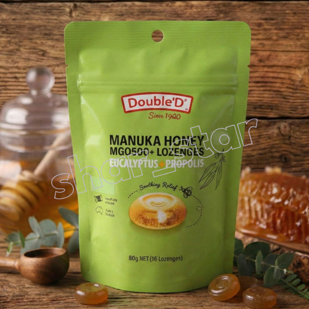 Double D MGO500+ Manuka Honey Lozenges 80g – พร้อมโพลิสและยูคาลิปตัส 5% ปลอบประโลมคอ ไฮเดรต