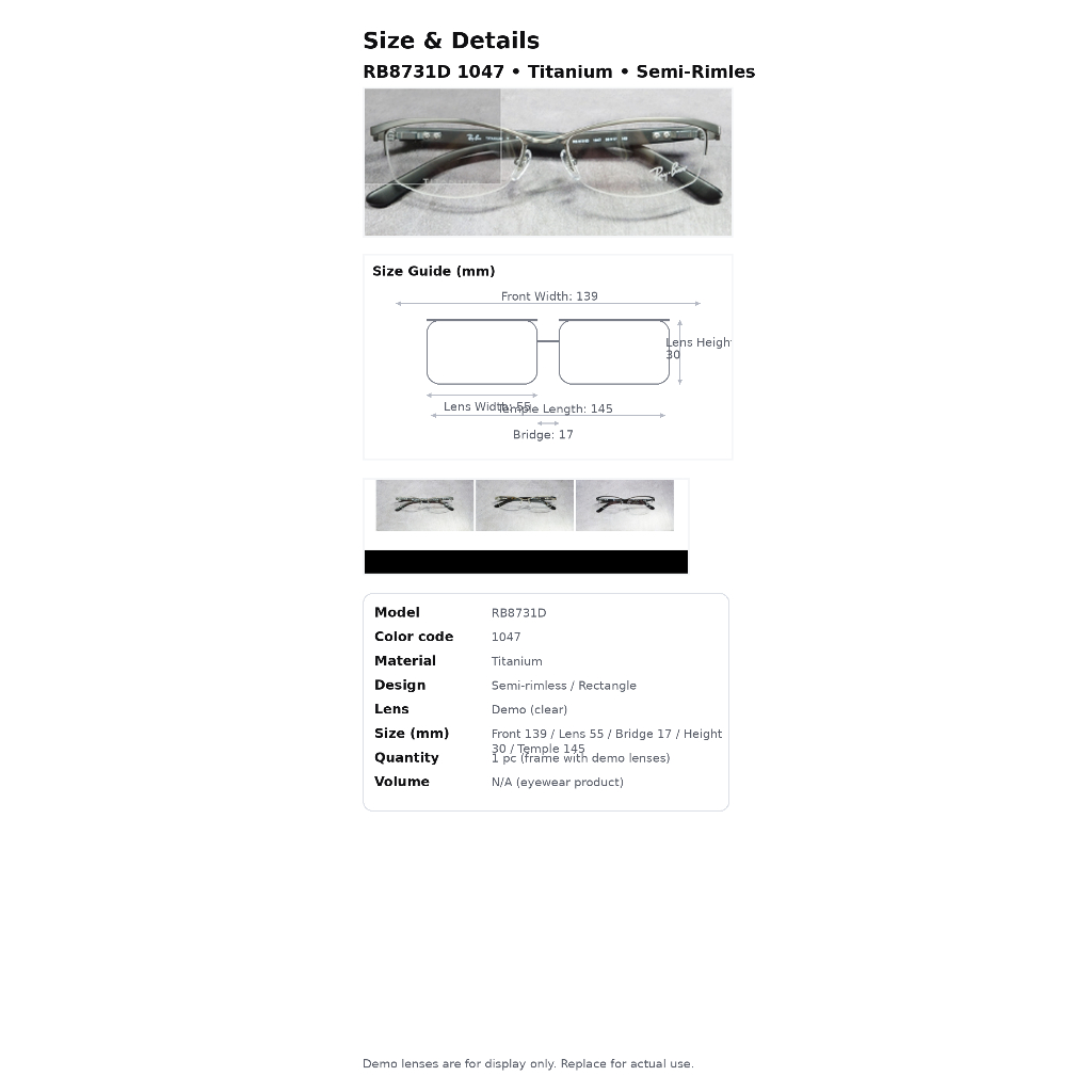 กรอบแว่นสายตา titanium Ray-Ban RB8731D ดีไซน์-semi-rimless สี่เหลี่ยมผืนผ้า