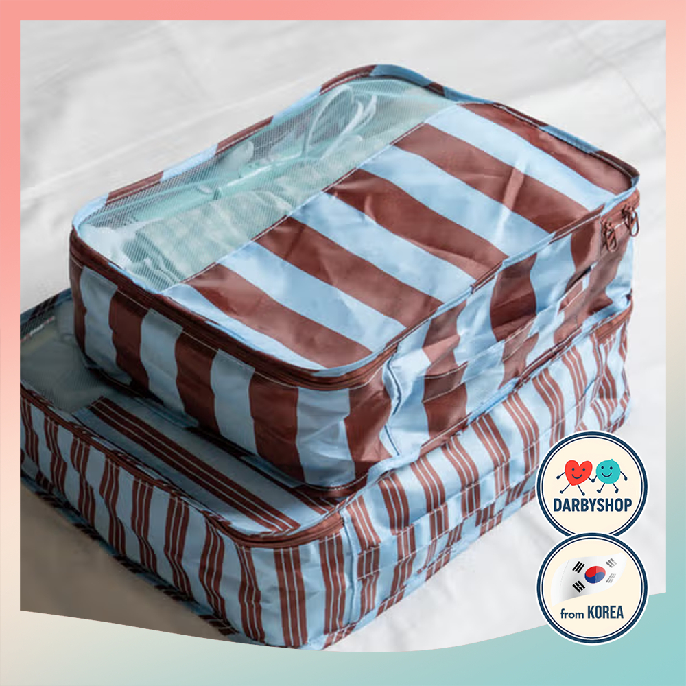 1+1 Travel Stripe Packing Organizer Set | 1+1 ชุด 2P  | สีน้ําตาล | กระเป๋าเดินทางตาข่ายน้ําหนักเบา