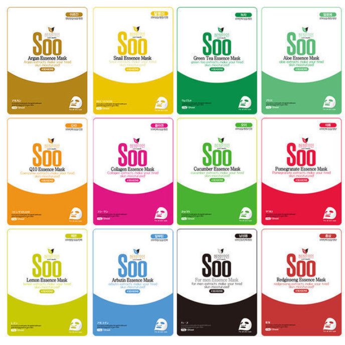 [K-Beauty] Soo Essence Sheet Mask 10 ชิ้น Set / 23g 1 ชิ้น | คอลลาเจน/ถาม10/มะนาว/แตงกวา/โสมแดง/สําห