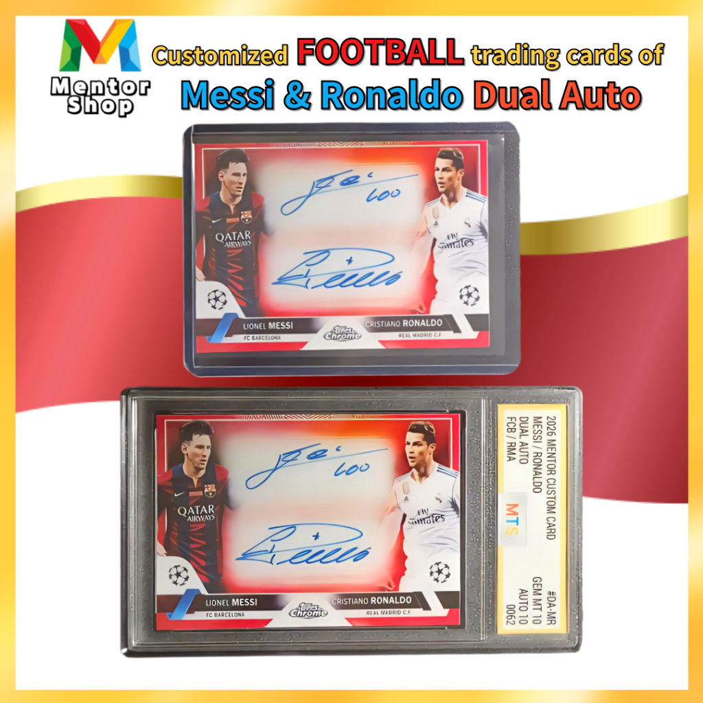 [ร้านเมนเตอร์] ✨ Messi & Ronaldo Dual Auto Premium Custom Card Collection – Gem Mint 10/10 Graded Slab / Toploader (เลือกได้) ✨