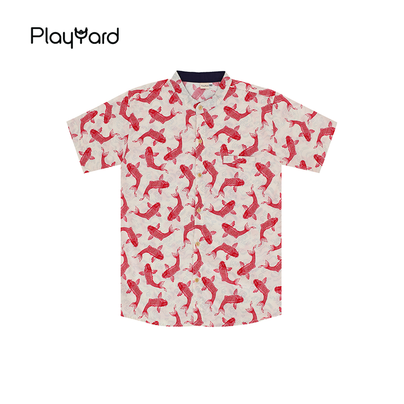 CNY Men เสื้อเชิ้ตคอจีน - Lucky Koi (สีขาว)