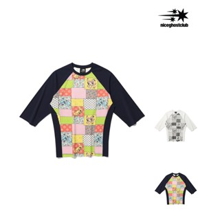 [NICEGHOSTCLUB] เสื้อยืดแขนสามส่วนสี่ สไตล์เกาหลี ลายแพตช์เว…