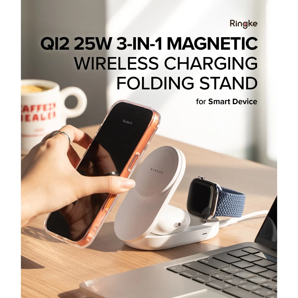 Ringke Qi2 25W / 15W ขาตั้งพับชาร์จไร้สายแบบแม่เหล็ก 3-in-1 สําหรับสมาร์ทโฟนและอุปกรณ์เสริมอื่นๆ thumbnail 3