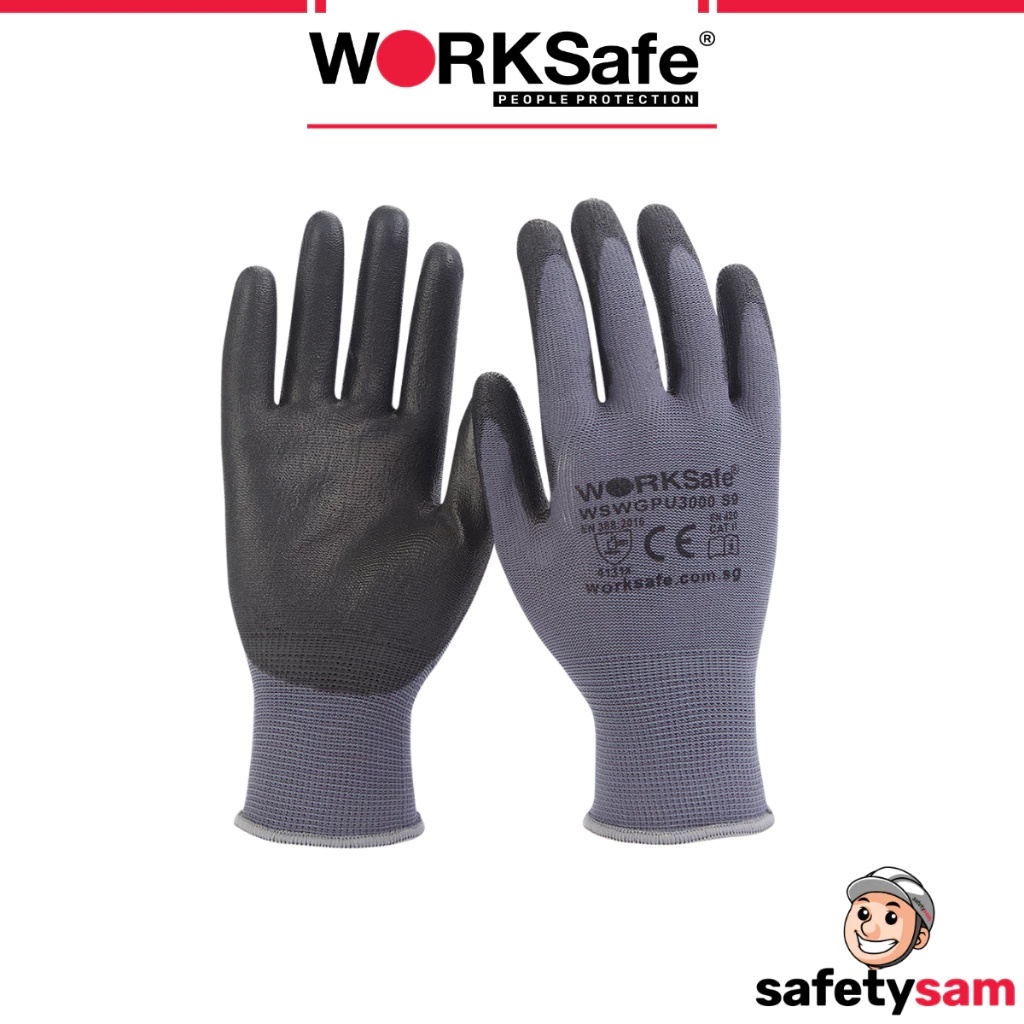 WORKSafe PU3000 ถุงมือนิรภัยกันบาดระดับ 1 EN388 ถุงมือทํางานทั่วไป เคลือบ PU